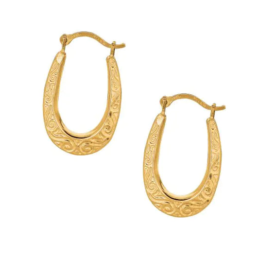 10K Oval Scroll Pattern Hoop Earrings